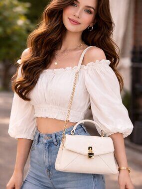 Ted Baker Poppy Small Satchel Crossbody Handbag Lock White Cream Leather